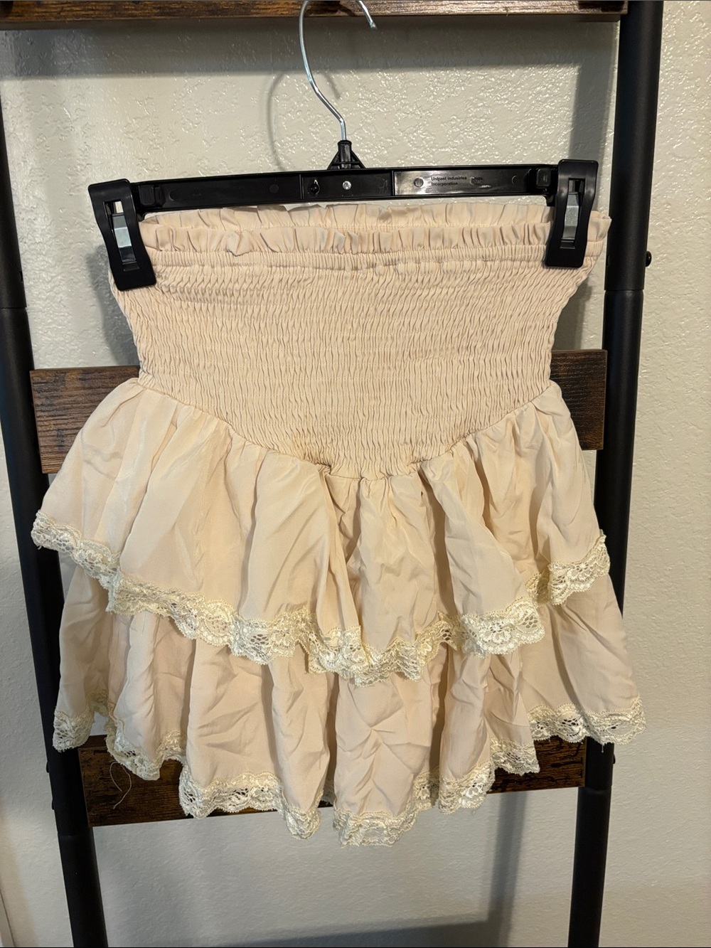Amazon Smocked Tiered Mini Skirt with Lace Trim - Cream